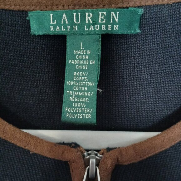 Lauren by Ralph Lauren long zip cardigan, black trimmed in brown leather, size l - Picture 3 of 7